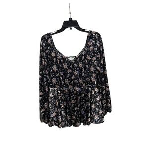 SHEIN X Floral Print Long Sleeve Peplum Top Women's Size 1XL Black